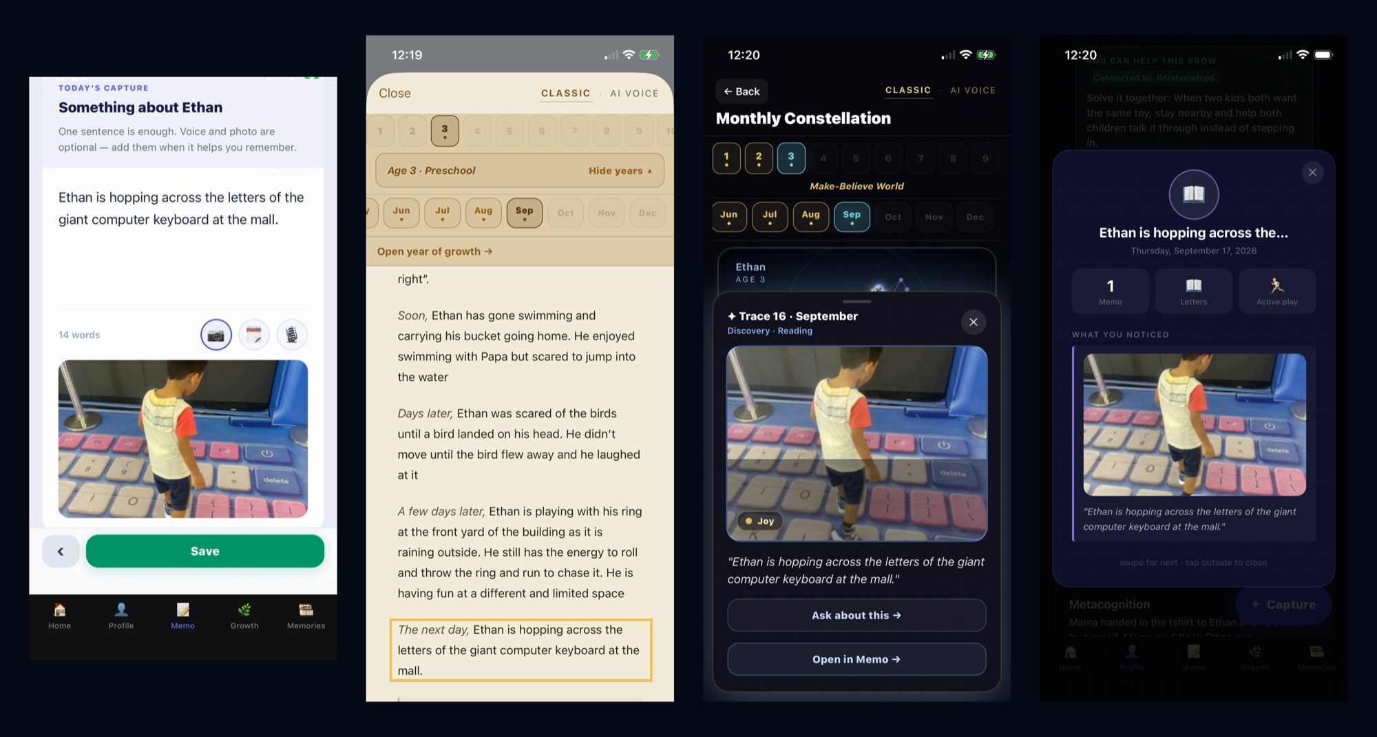 One memo about Ethan shown in four places: the capture screen, the Life Story, the monthly constellation, and the memory itself