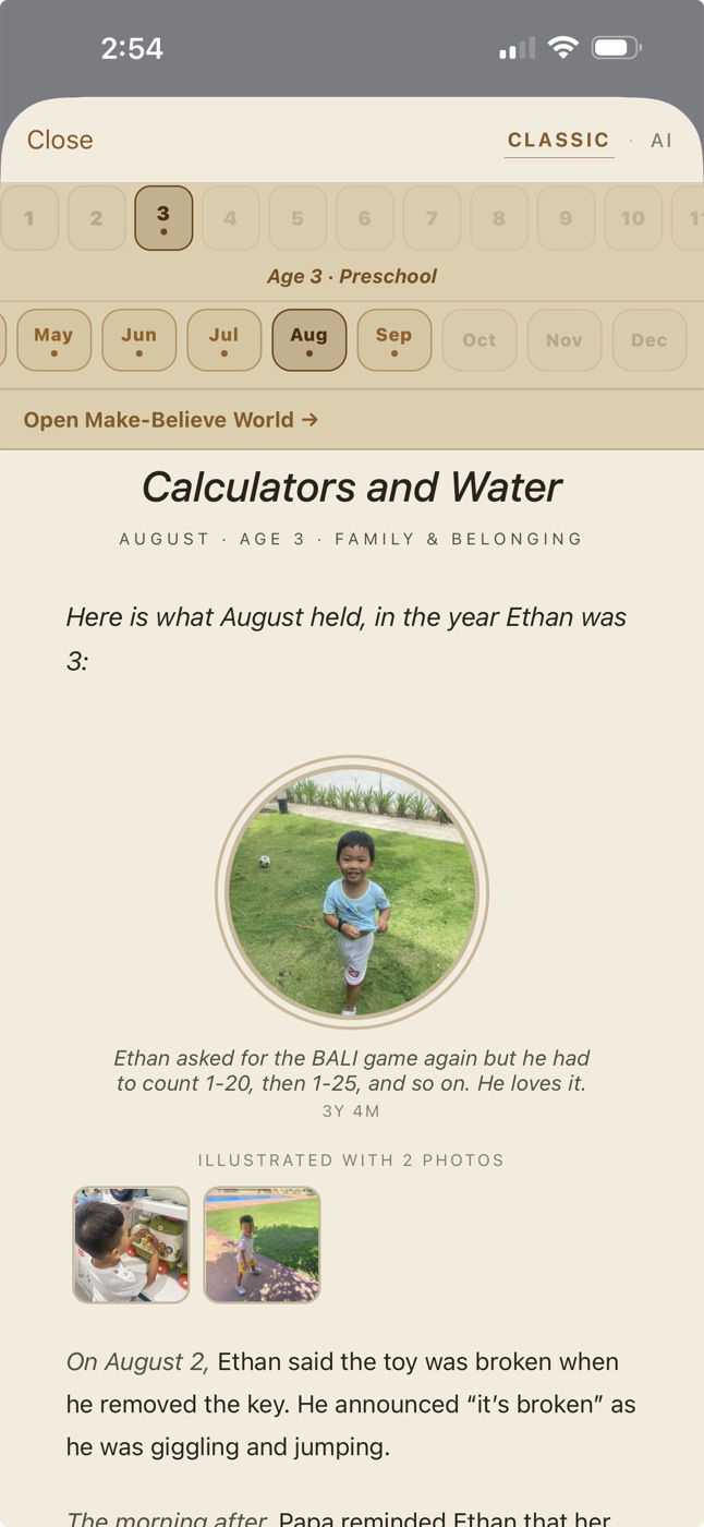 Life Story chapter written from the parent's memos