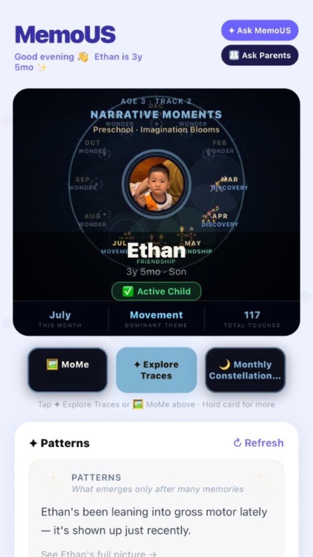 MemoUS Home tab with MoMe portrait mosaic