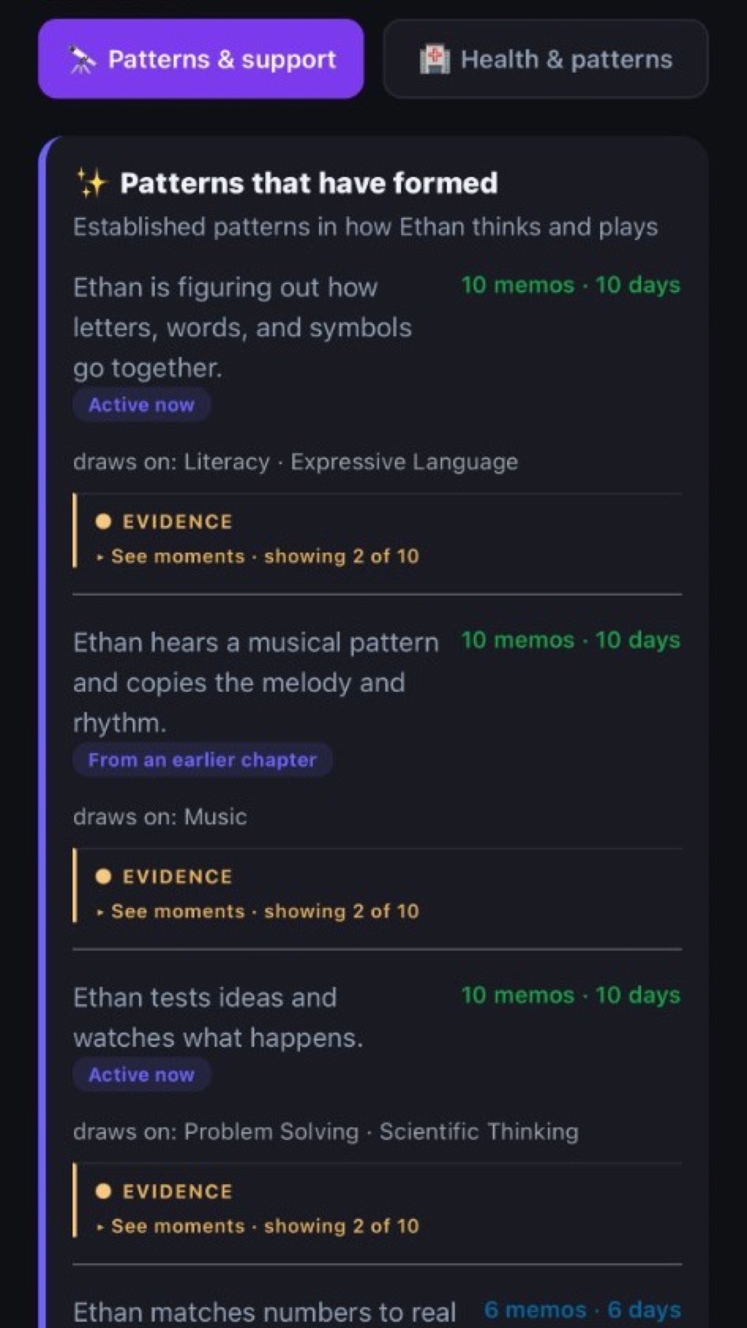 Profile tab with developmental patterns